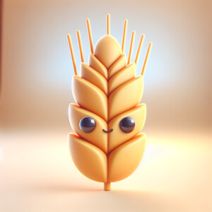 A charming 3D cartoon-style ear of wheat with large, expressive...