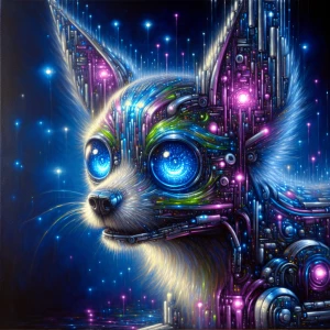 A dazzling digital pet with luminous holographic fur and glowing...