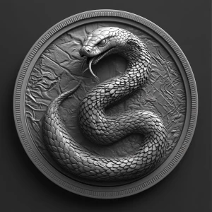 Design a high-contrast grayscale 3d bas relief of a king cobra,...