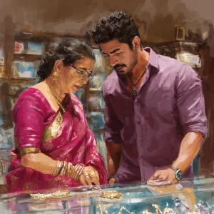 Realism, digital painting.a  mature gujarati mother in law in he...