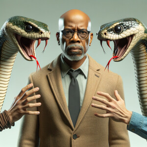 "Craft a hyper-realistic scenario where three humanoid snake cha...