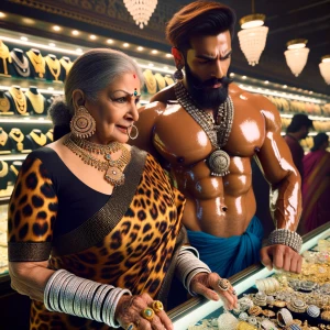 a  mature gujarati mother in law in her 50s wearing shiny latex...