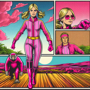 Comic book style blonde in pink unitard, pig tails. Boots, glove...