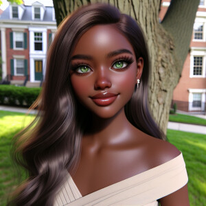 3D image of a LIGHT SKIN young African American woman who stands...