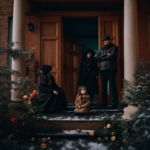 In winter, a father, mother and daughter stand near the threshol...