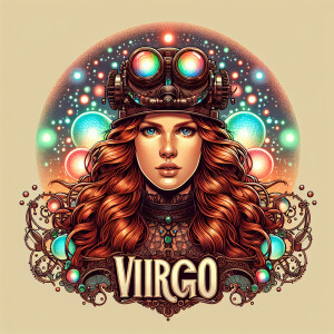 Illustrate a steampunk rendition of a Virgo woman with long ging...