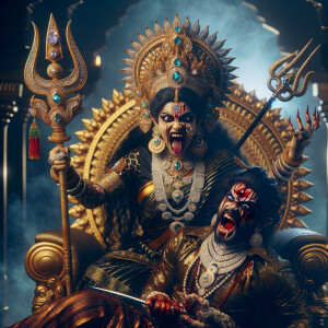 portrait of angry looking goddess durga sitting on a gold crown and carrying a weak mahishasur on her lap and stabbing him with her amazingly designed trident. She is wearing a huge diamond crown, black saree, abundant diamond jewelry, covered in blood. The scene is set in ancient India. The image is 8K resolution, photograph, cinematic, ultra detailed face and epic.