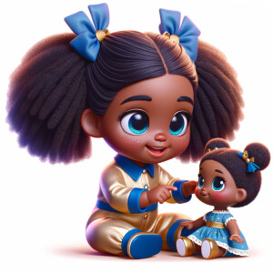 Create a 3-D image of an african-American little girl inside of a medium size, toy store. The little girl has thick long, ponytails and huge blue eyes. She has on a gold and blue jumpsuit with matching bows, She is playing with her favorite african-American cabbage patch doll, the doll has deep, dimples, and freckles and looks just like her