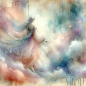 A dreamlike figure in flowing, ethereal garments floats graceful...