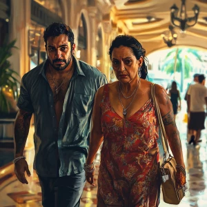 Realism Digital art HD.A sweaty  man walking with his mother in...