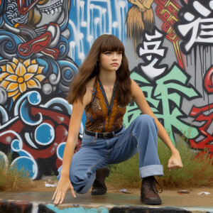 teenage girl, long brown hair and bangs, wearing tight skinny jeans and a halter top paint marks on her clothing, heroic pose Asian graffiti background, nearing on one knee