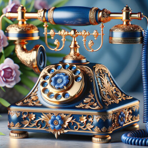 Create an image of an ornate vintage telephone with a sophisticated design, combining royal blue and gold colors. The body and receiver of the phone should be a deep, lustrous blue, with intricate gold embellishments and floral patterns etched into the metal. The circular dial is also detailed with gold accents. The coiled cord should be a matching blue. In the background, soft-focus, elegant flowers add a natural and aesthetic touch, complementing the phone’s luxurious look. There should be no text or watermarks present.