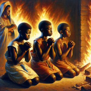 Compose an oil painting depicting three African-American boys ab...