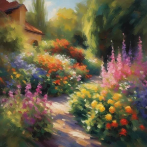 A quick, light brushstroke depiction of a garden with dappled sunlight falling on vibrant flowers.