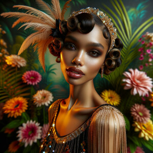 Picture a light-skinned African-American woman with striking Hawaiian features, immersed in the roaring 1920s. She's a dazzling flapper, her lively spirit captured in her attire and poise. She wears a shimmering black and gold flapper dress adorned with sequins and fringe that glisten with her every movement. Around her head, a matching headband sits gracefully, embellished with feathers and a jewel that echoes the opulence of the era. Her hair is styled in perfect finger waves, highlighting her alluring gaze and bold makeup typical of the 1920s—a smoky eye and dark, glossy lips. The background is a kaleidoscope of vibrant tropical flowers, creating a lush and vivacious scene that reflects her Hawaiian roots. Her entire demeanor is one of elegance and jubilance, a true celebration of her heritage and the exuberant era she embodies.