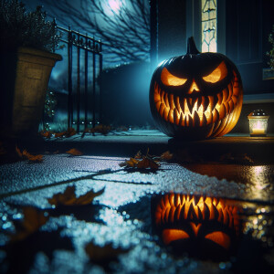 "On the doorstep under the pale moonlight, a lone carved pumpkin...