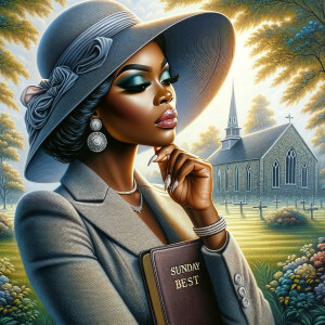 Render an airbrush oil painting of an African American woman with flawless makeup in a
contemplative pose, holding a Bible close to her heart, dressed in an elegant Sunday Best
outfit with a distinctive Church Hat. The background features a peaceful church garden,
with light filtering through the trees, highlighting her spiritual connection and the personal
moment of reflection. The artwork should capture the tranquility of the scene, the beauty
of her attire, and the depth of her contemplation, reflecting a serene and spiritually