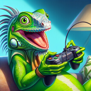 A happy green iguana playing video games