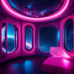 futuristic room in speceship with view to galaxy, pink, blue