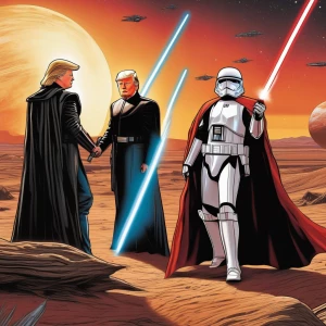 Create an image in a comic book style depicting a Star Wars-insp...