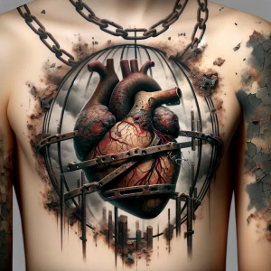 a heart wrapped in chains ⛓️ and behind bars tattoo the skin aro...
