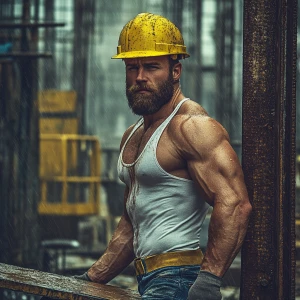 photograph, muscular man with beard, wearing yellow hard hat, wh...