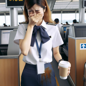 Female airline gate agent wearing pee soaked pants