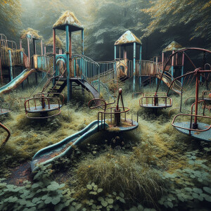 An abandoned playground covered with rust and grass