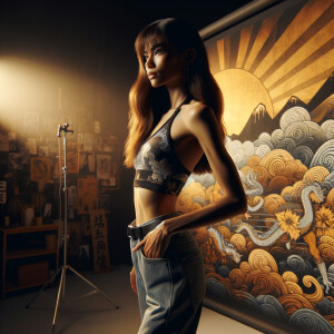 Athletic Thin skinny Attractive, Asian teenage girl, long brown hair and bangs, wearing tight skinny jeans and a halter top paint marks on her clothing, heroic pose Asian graffiti background, side view