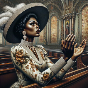 Render an airbrush oil painting of an African American woman with flawless makeup
kneeling at a church altar, her hands raised in a gesture of surrender to God. She's
dressed in stylish Sunday Best attire, with a particular focus on the delicate details of
her Church Hat. The background features a beautifully painted church interior, with the
oil paint texture enhancing the sacred atmosphere. The artwork should capture the
woman's devout expression, the elegance of her attire, and the spiritual ambiance of
the church setting, reflecting a moment of deep faith and devotion.