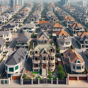 Wide view of a fancy neighborhood with very expensive homes, amo...