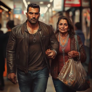 Photorealism,hyperrealism,a bodybuilder man ,walking with his 50...