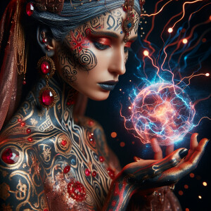 An ethereal female warrior adorned with intricate ancient symbol...