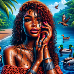 Tropical forest landscape Pretty blue exotic waters palm trees beautiful sand, ducks in the water.An Street art style image of a thick African American woman she’s wearing a Coral crochet off the shoulder dress, sandals, warm mahogany skin tone, full lips, long wispy lashes, freckles, multiple silver necklaces, rings, pink nails. wet wavy red hair, parrot on her shoulder, electrostatic art contrast colors high definition