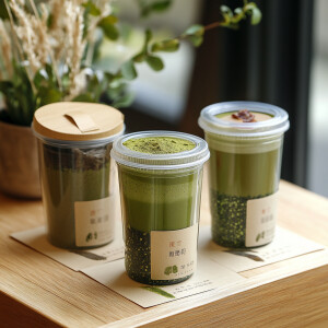 设计一款健康玄米抹茶清茶，用一次性透明杯装，和纸杯装那种