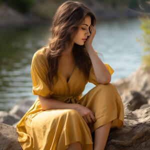 Capture the elegance of a fair-skinned woman with dark long hair...