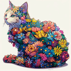 Imagine a cartoon of a cat with a body covered in a vibrant arra...