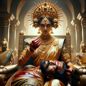 portrait of intense looking indian goddess sitting on a gold cr...