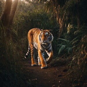 A Bengal tiger stalking its prey in a dense Indian jungle at dus...