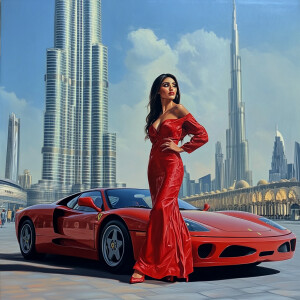 A perfect woman and Ferrari beside burj khalifa