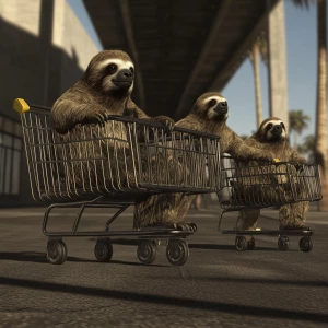 Sloths slerf meme..riding in a shopping cart being chased by cop...