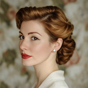 a woman, look to the camera, close up photo, French Twist Hairst...