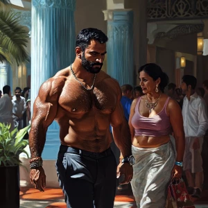 Hyperrealism style art 1:1,a muscular sweaty beefy man walking...