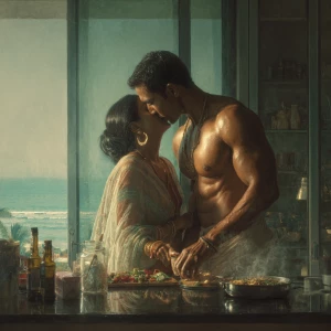 Hyperrealism .a muscular sweaty indian man standing and kissin...