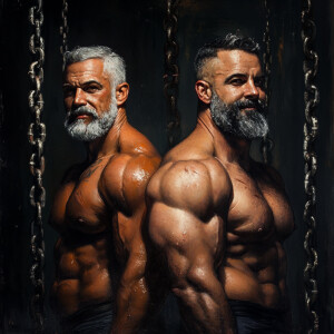 Two bodybuilders, both gay men, one with gray hair and the other...