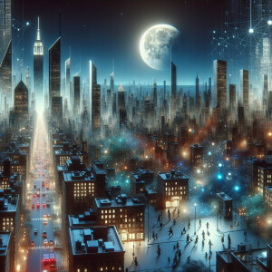A New York City at night with people walking, moon shining