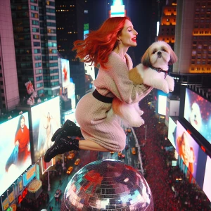 Red-haired woman atop the Times Square New Year's Eve Ball, soar...