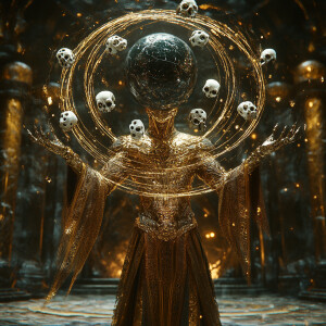 A majestic gold-skinned alien wizard with a crystalline and shin...