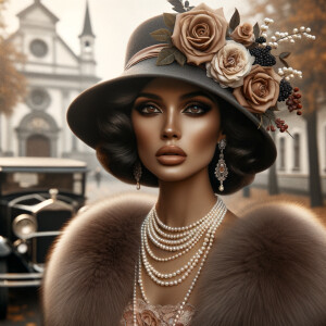 Create an image of a sophisticated woman with dark skin, wearing...