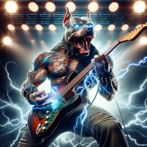 Man-Pitbul Hybrid Playing Heavy Metal Music On his electric guit...